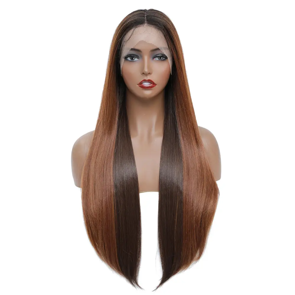 X-TRESS Synthetic Lace Front Wig For Black Women Middle Part Ombre Brown Daily Natural Straight Long Hair Wigs With Baby Hair