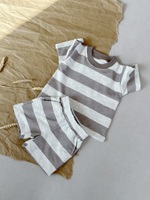 Ensemble T-shirt rayé à manches courtes en tissu peigné polyester/coton style militaire pour garçons et filles Ins