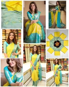 ชุดส่าหรีผ้าไหมแจ็คการ์ดหนาหรูหรามีขอบทอผ้าแจ็คการ์ดใหญ่สีทองสไตล์อินเดียแบบดั้งเดิม - Product Image 4