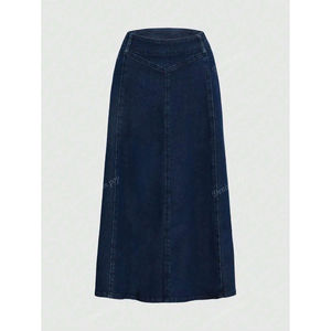 Jupe longue en jean grande taille bleu indigo en coton couleur unie micro-élastique pour femme style Europe Amérique - Product Image 3