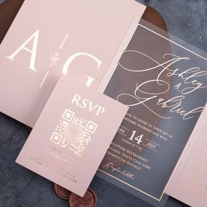 Juego de Invitaciones de Boda de Acrílico Color Oro Rosa de Lujo con Tarjeta RSVP con Código QR, Sobre Color Rosa Empolvado y Sello de Cera Premium - Product Image 2
