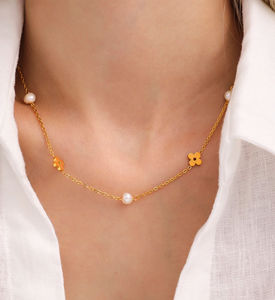 Collar de cadena de flores de perlas de agua dulce, pulsera de trébol de cuatro hojas, acero inoxidable 316L, conjunto de joyas de oro auténtico de 18 quilates - Product Image 2