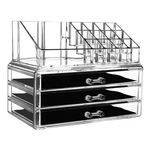 Acrylic Makeup Organizer Skin Care Large Clear Cosmetic Display Cases Stackable Storage Box With 3 Drawers For Vanity