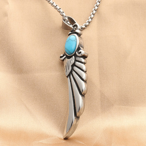 Pendentif en forme de plume d'aile en acier inoxydable avec incrustation de turquoise, collier pour homme, style rétro punk - Product Image 3