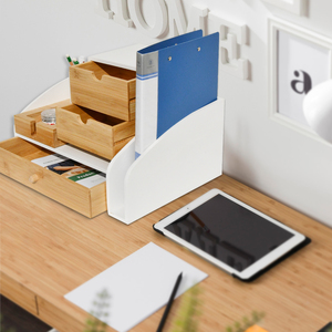 Organizador de escritorio de bambú con archivo ajustable y almacenamiento de libros para oficina, cocina y dormitorio - Product Image 4