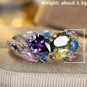 Anillos CAOSHI de Plata con Circonitas Brillantes Multicolores, Diseño Geométrico Elegante, Anillos de Compromiso y Boda para Mujer - Product Image 6