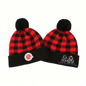 Hot Selling Winter Protection Warm Knitted Hat, 100% Acrylic Kids Pompom Beanie, Woven <b>Patch</b> Black and Red Plaid Beanie Hat - Product Image 1