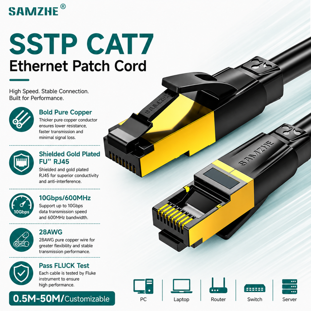 SAMZHE 28AWG Cat7 SSTP Network Pure Copper Patch Cord LSZH PVC Shielded Cable Golden FU" RJ45 Connector Communication Cable