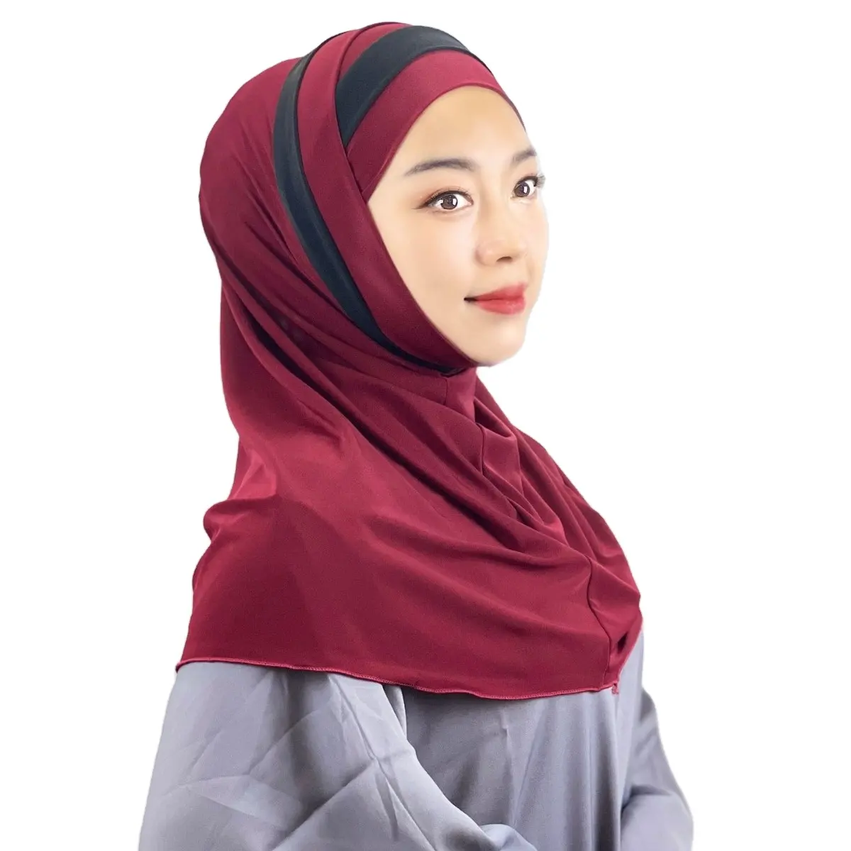 Jilbab Muslim wanita, polos elastis topi pembungkus Set syal Jilbab 2 potong
