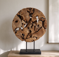 Sculpture artisanale en bois rond à base de racine d'arbre, décoration de table en bois naturel avec support métallique, ornement artistique rustique pour la maison