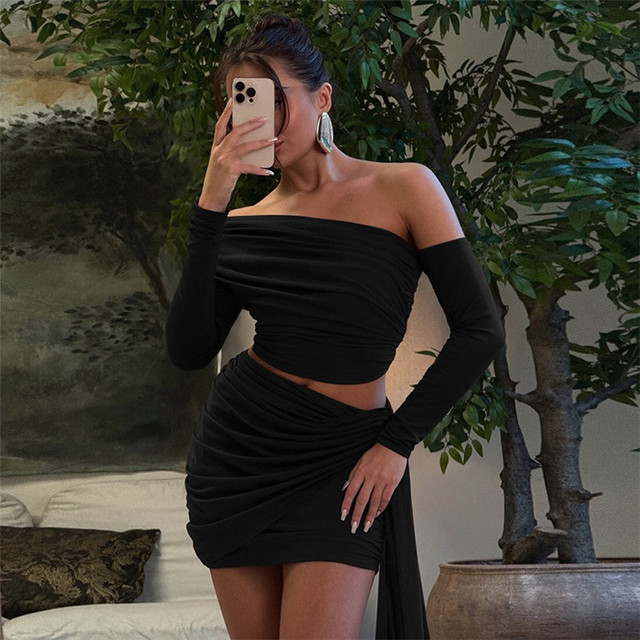 Women Skew Collar Backless Top and Mini Skirt Matching Sets Ruched Club Skirt Two Piece Set