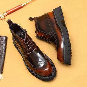 Bottes à tige haute pour homme, à semelle épaisse, en cuir verni brillant, style britannique, en cuir de vache véritable - Product Image 3