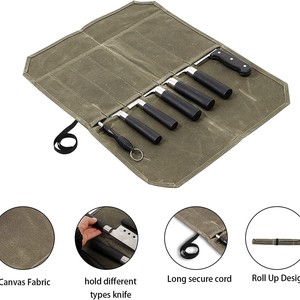 Wet Wax Canvas Knife Storage Bag Army Green Portable Chef's Kit For Camping Kitchen Use - Product Image 2
