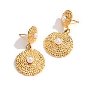 Pendientes colgantes de perlas de disco chapados en oro, pendientes colgantes redondos texturizados elegantes para mujer, joyería de moda Vintage - Product Image 1