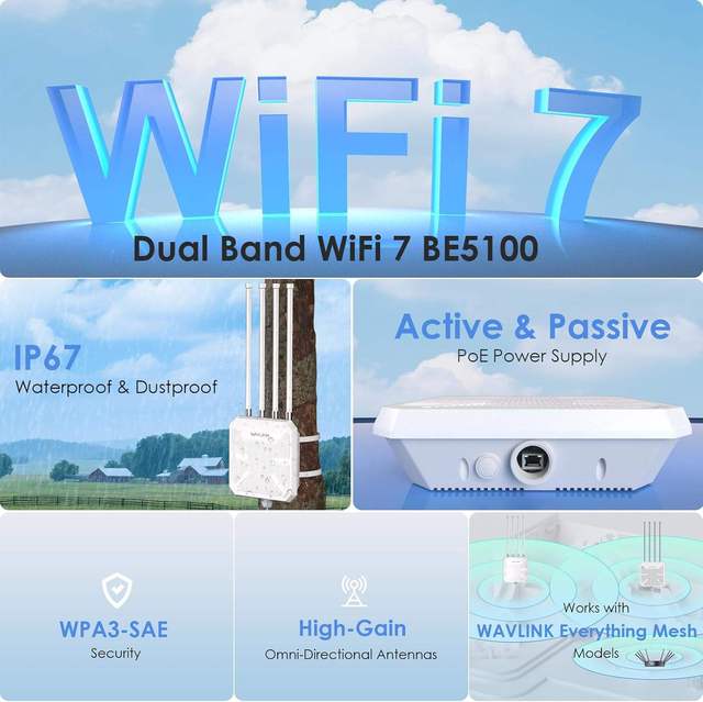 Wholesale WAVLINK WN573HBE2 8dBi High Gain Antenna IP67 Waterproof WiFi 7 Outdoor Router 4323Mbps 500-1000sqm Coverage