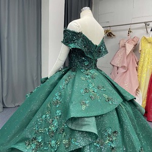 Lsany277 Dark Green Quinceanera Ball Gown Sequined Tiered <b>Ruffle</b> Floral Applique <b>Dress</b> With Train For Sweet 15 Jancember - Product Image 5