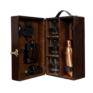 PU Leather Artisanal Bar Set <b>Box</b> Black color With Handle Handmade Cocktail Carrier Case Portable Packaging for <b>Champagne</b> Whisky - Product Image 1
