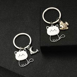 Factory Direct Sales Simple Stainless Steel Cartoon Creative Keychain Cute <b>Cat</b> and Fish Couple Pendant - Product Image 4