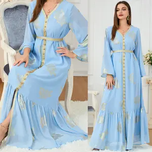 Bekleidungs hersteller Robe Langarm V-Ausschnitt hellblau Musulmanes benutzer definierte Dubai Frauen Abaya muslimischen Print Kleid