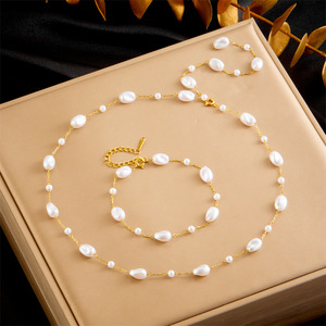 Pearl Stainless Steel Chain Necklace And Bracelet Set Women's Gift Water Drop Design - Product Image 1