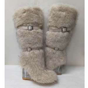 נעלי נשים חדשות עם עקב טריז אופנתיות עד הברך עם אבזם פרווה נעלי מסיבה לחורף לנשים - Product Image 4