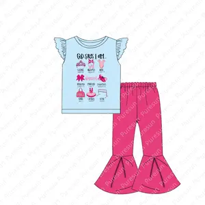 New Design Kids Flare Bell Ruffle Pants Set Wholesale Toddler Custom logo Shirt God Says I am Print Outfit for Baby Girls