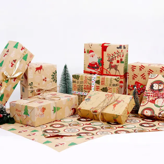 メーカーカスタム印刷80gクラフト紙クリスマスギフト包装箱装飾包装紙