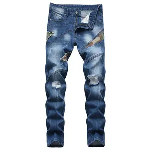 Cor personalizada Ventilador Costura Jeans Moda Masculina Jeans Rasgado Jeans