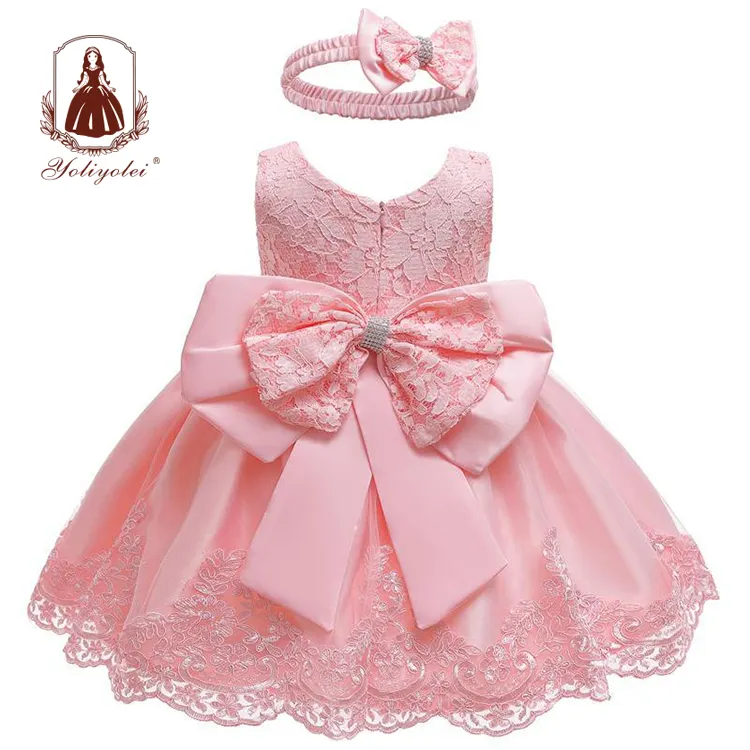 Yoliyolei çocuk elbisesi bebek giyim doğum günü Pageant parti nakış resmi dantel bebek elbise çiçek kız elbise büyük yay ile