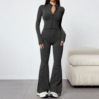 Ensembles de yoga automne-hiver 2 pièces respirants à séchage rapide en polyester/nylon, haut à manches longues et pantalon long évasé, tenue de sport rehausse-fesses