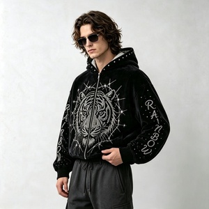 <span class=keywords><strong>Felpa</strong></span> con cappuccio corta da uomo in velluto con zip intera e strass termoadesivi a forma di <span class=keywords><strong>tigre</strong></span>, ideale per streetwear personalizzato OEM e vendita all'ingrosso - Product Image 5