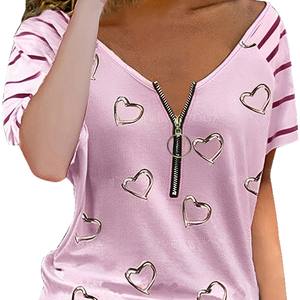 Camiseta de manga corta informal transpirable con cuello en V para mujer, tela tejida comprimida antibolitas holgada con cremallera conveniente - Product Image 4