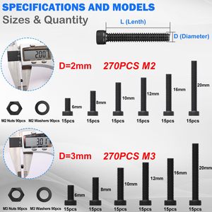 ชุดน็อตหัวหกเหลี่ยมแบบเมตริก M2M3 จำนวน 540 ชิ้น สำหรับเครื่องพิมพ์ 3 มิติ DIY เกรด A เหล็กอัลลอย 40Cr - Product Image 3