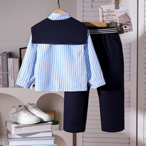 Conjunto de 3 Piezas de Moda para Niñas, Primavera, Camisa a Rayas Azul y Blanca con Capa y Pantalones Anchos, Ropa Infantil de Boutique - Product Image 2