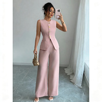 Nouvel ensemble deux pièces pour femme : gilet blazer sans manches et pantalon taille haute à jambes larges – Tenue de bureau élégante pour l'été en polyester