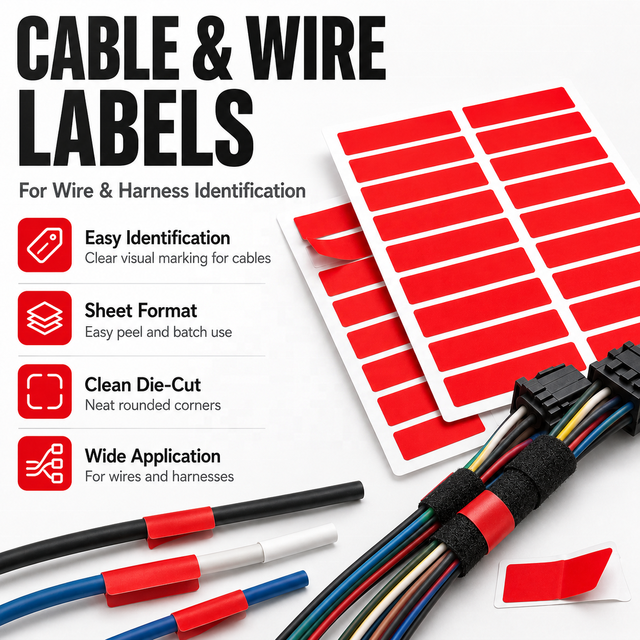 Custom Cable Wire Harness Identification Labels Red PET Self Adhesive Die Cut Sticker Sheets for Electrical Industrial Marking
