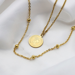 French Queen Coin Necklace 18K Gold Plated Round Pendant Stainless Steel Chain Women's Fashion Jewelry Gift - Product Image 3
