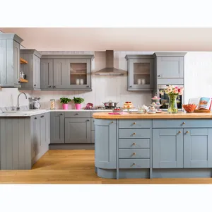 Graceful style light blue grey color kitchen cabinets with solid wood oval island countertop