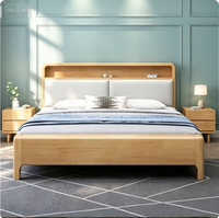 Cama Moderna de Madera Maciza de Roble con Cabecera LED Suave, Puerto de Carga USB y Almacenamiento, Estructura de Cama Doble para Dormitorio