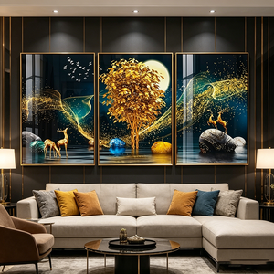 Custom Factory Wholesale 3 Panels <b>Framed</b> Wall Art Golden Money Tree Golden Deer Elk Landscape Crystal Porcelain <b>Painting</b> - Product Image 3