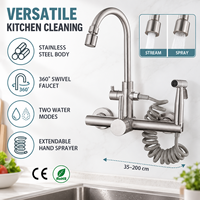 Robinet de cuisine mural en acier inoxydable nickel brossé à double poignée, mitigeur extractible avec douchette, cartouche céramique, design à double trou