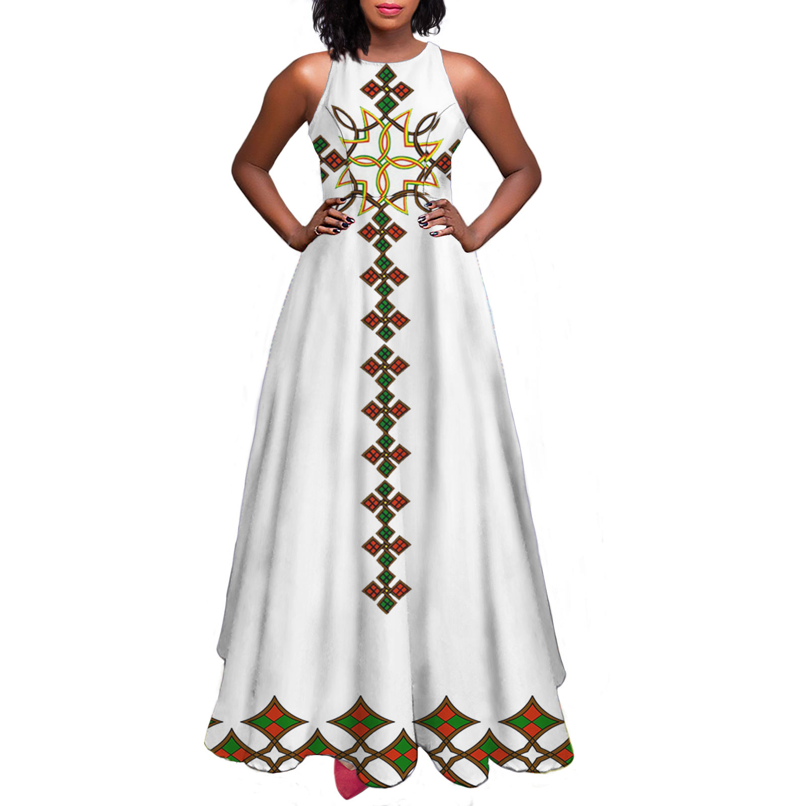 white christmas dresses Royal Elegance: Embroidered Red Slim Fit Ethiopian Dress XL
