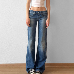 Women Washed Denim Flare Jeans Low Rise Straight Leg <b>Pants</b> Casual Street Style Fashion Trousers - Product Image 5