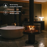 Cheminée suspendue commerciale MEISU.CH personnalisable, circulaire, à foyer en verre, autoportante, en métal, à bois, à ventilation directe, pour hôtel