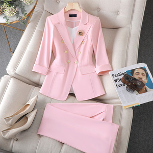 White Women's Suit Set Three Quarter Sleeve Satin Blazer And Skirt Elegant Professional Workwear Summer Style - Product Image 2
