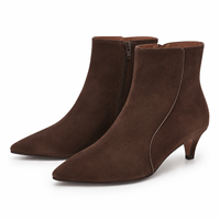 Bottines en daim marron foncé pour femmes, bout pointu, fermeture éclair intérieure, talon chaton 4 cm, fournisseur de mode OEM sous marque privée