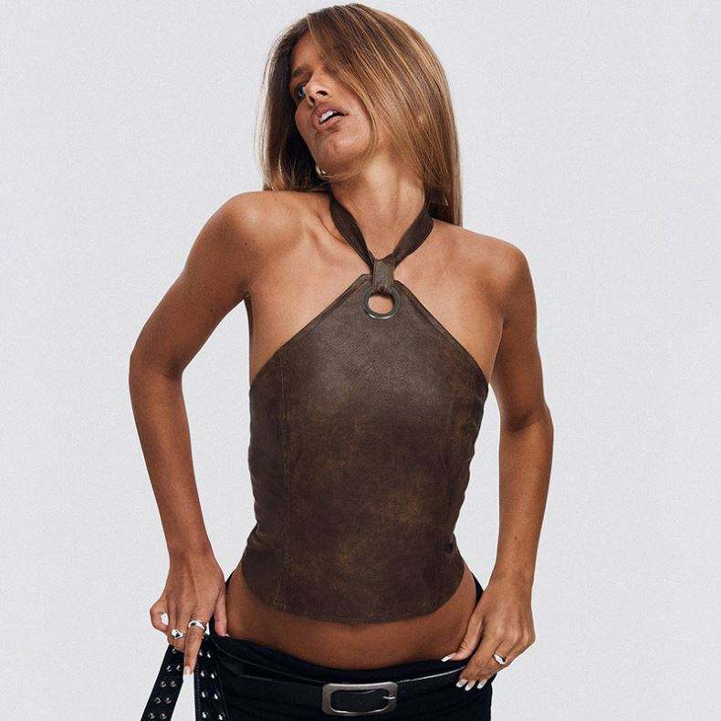 HOT Brown Leather Halter Top Leather Lace Up Top Top Quality