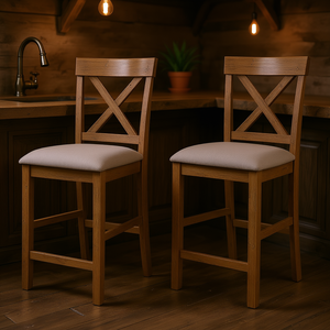 Ensemble de 2 tabourets de bar à dossier croisé en chêne vieilli, meubles de bar rustiques pour la maison - Product Image 2