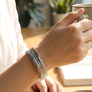 New Retro Feather Wide <b>Bracelet</b> Trendy Stainless Steel Adjustable Wide <b>Bangle</b> <b>Bracelet</b> for Party-Hot Selling Europe & US Style - Product Image 5