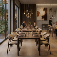 Ensemble de table et chaises de salle à manger nordique de luxe, finition grain de bois, structure métallique, mobilier de restaurant haut de gamme, confortable et durable